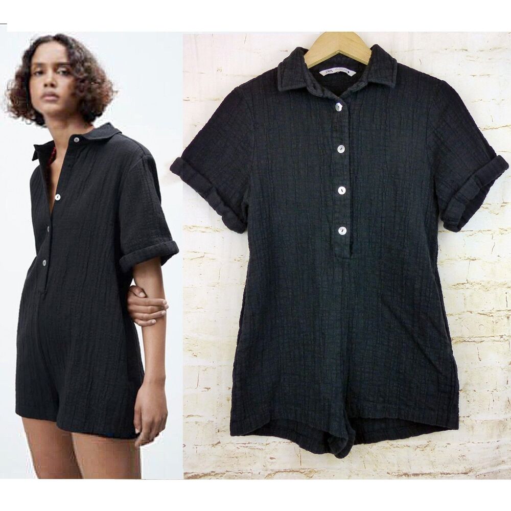 ZARA Romper Women XS Black Textured Crinkle Gauze Cotton Collared Button Up